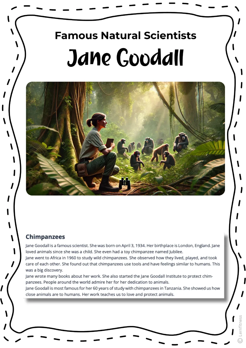 Chimpanzees reading with color forest art of Goodall watching chimps: students learn chimps use tools and have feelings
