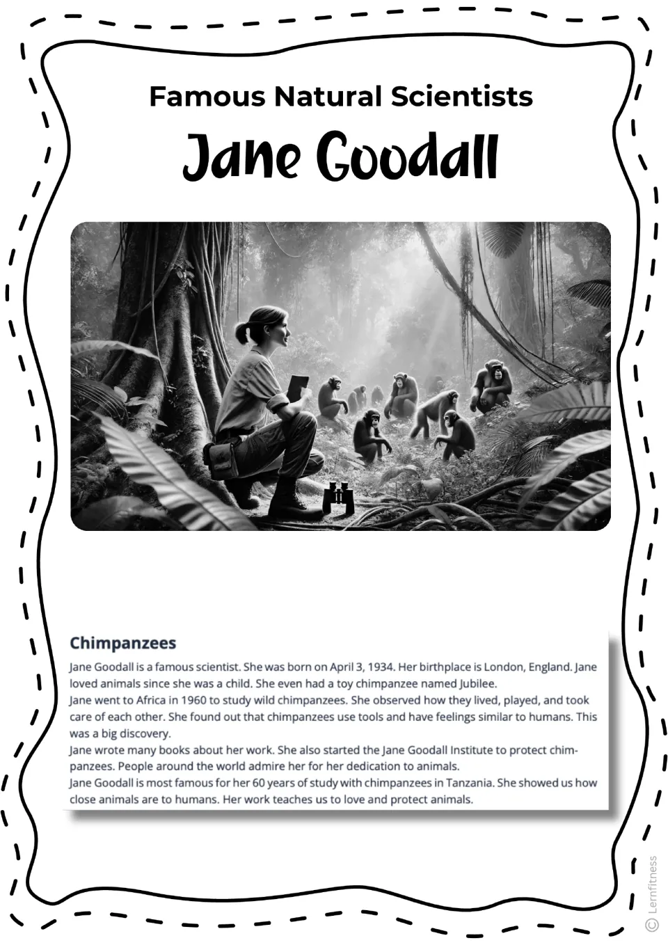 Black-and-white forest scene version of the Chimpanzees reading, showing Goodall kneeling near a group of chimps
