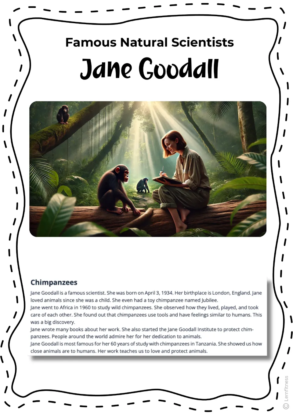 Chimpanzees reading with color art of Goodall sketching in a notebook beside a young chimp on a log