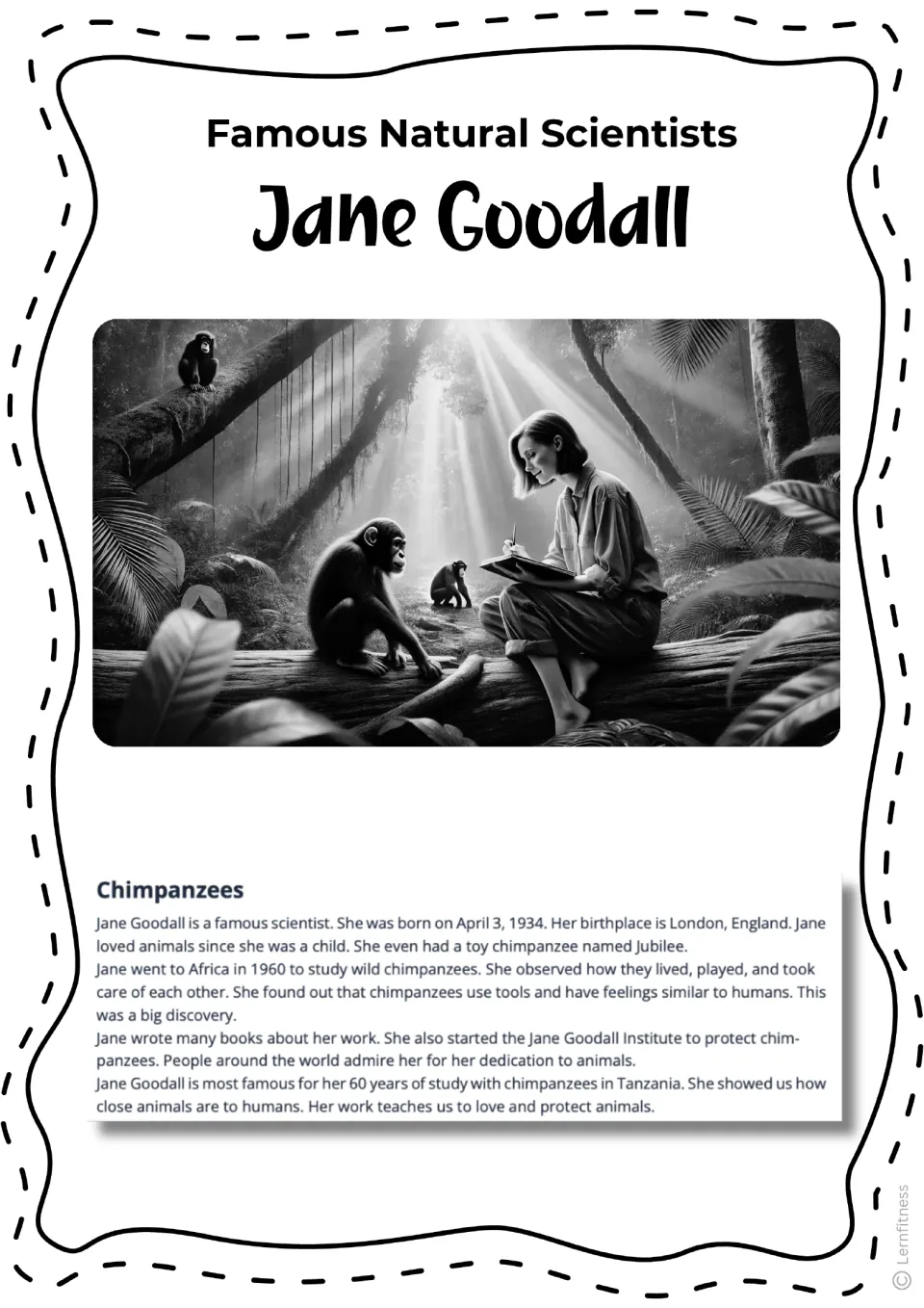 Grayscale art of Goodall taking notes next to a young chimp on a log, paired with the Chimpanzees biography reading