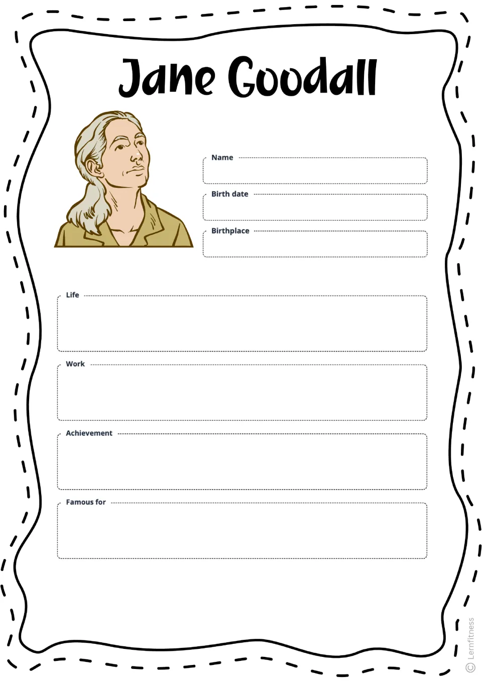 Blank biography profile: students write Goodall's name, birth date, birthplace, life, work, achievement and famous for