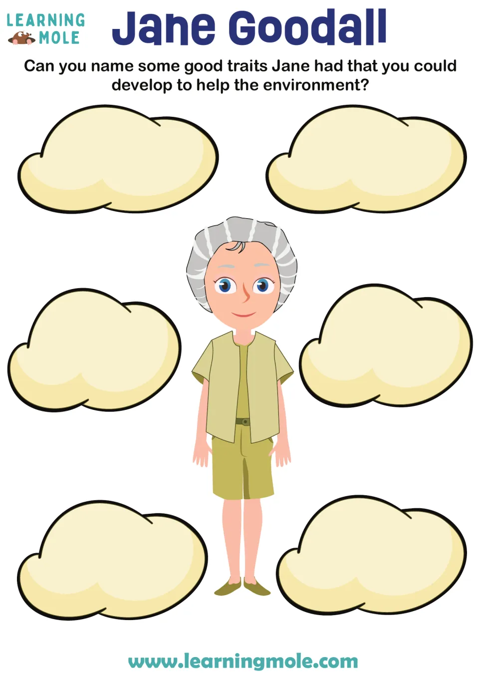 Jane Goodall character traits: students write six good traits she had that they could develop to help the environment