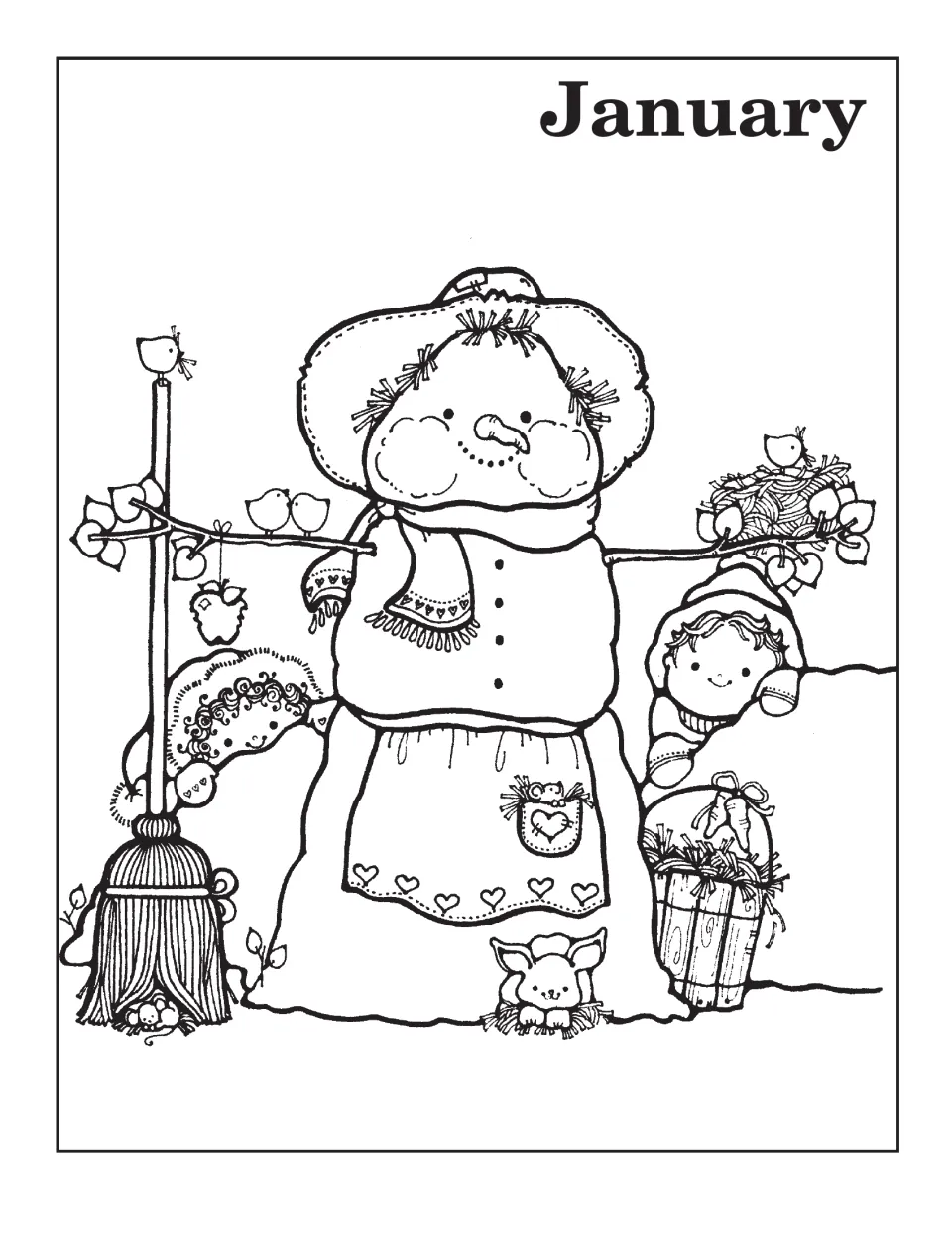 January title page art: a snowman wearing a hat, scarf and apron, with two children, birds and a bunny in the snow