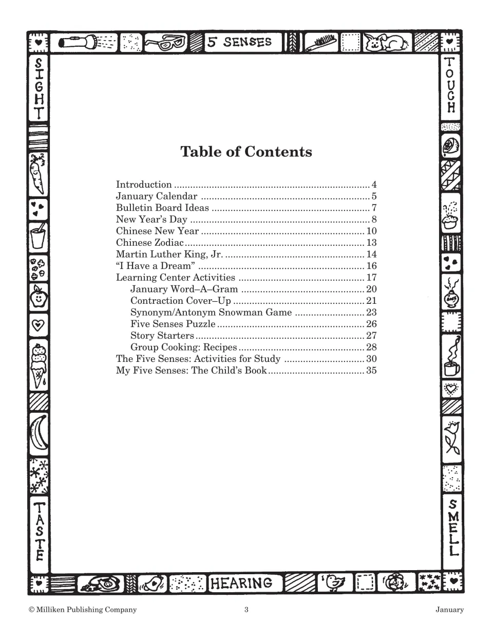 Table of contents: calendar, New Year's Day, Chinese New Year, Martin Luther King, Jr. and a five senses book