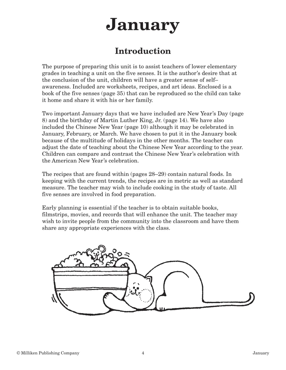 Introduction explaining the five senses unit, its holiday pages, metric recipes and a take-home senses book