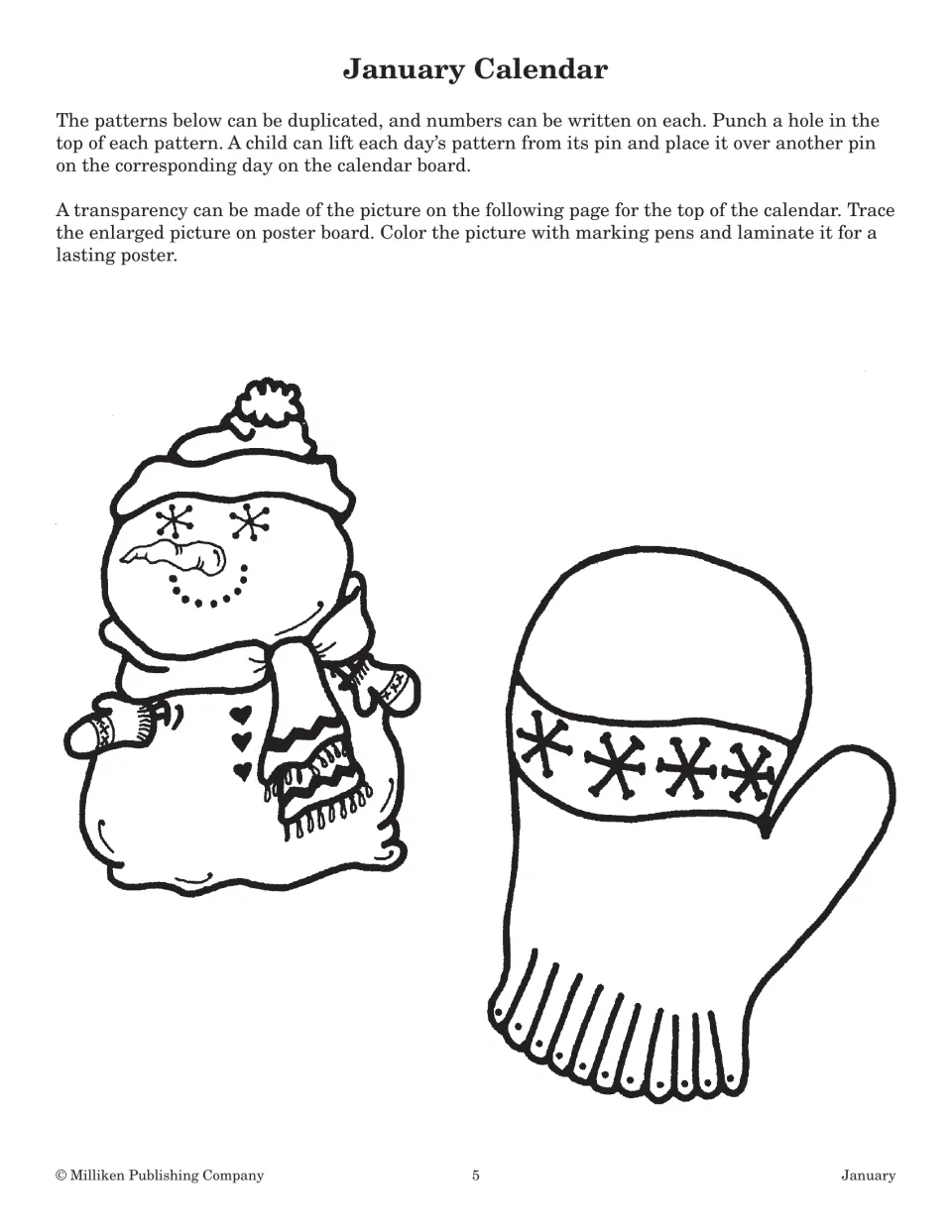 January Calendar instructions with snowman and mitten patterns for numbering the days on a calendar board