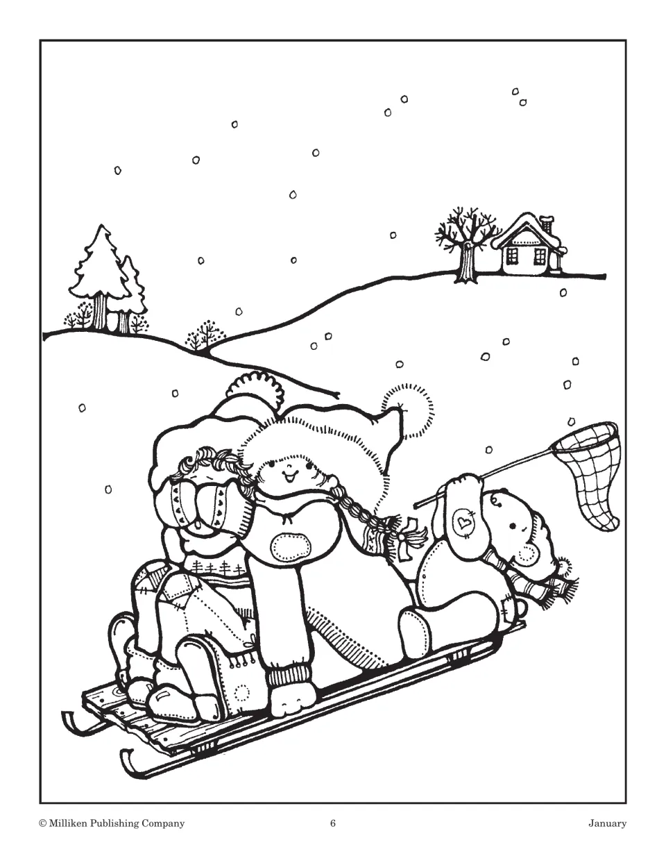Calendar topper picture of children sledding down a snowy hill, to trace onto poster board for the January calendar
