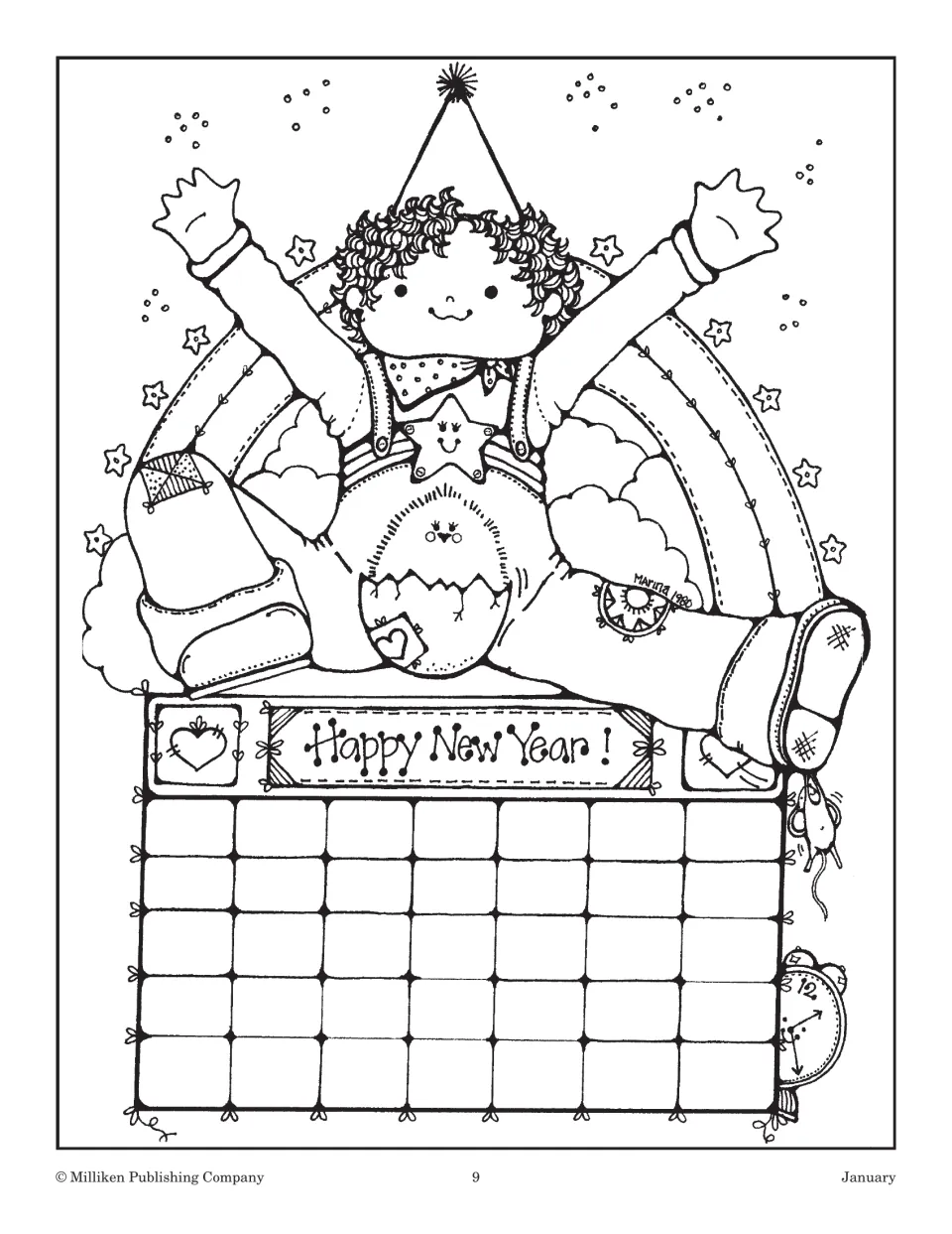 Happy New Year! blank calendar page topped by a child in a party hat sitting on a rainbow