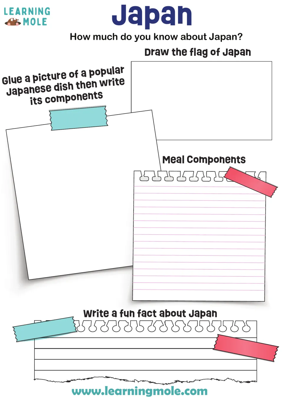 Japan knowledge check: students draw the flag, glue a popular dish picture, list its components and write a fun fact