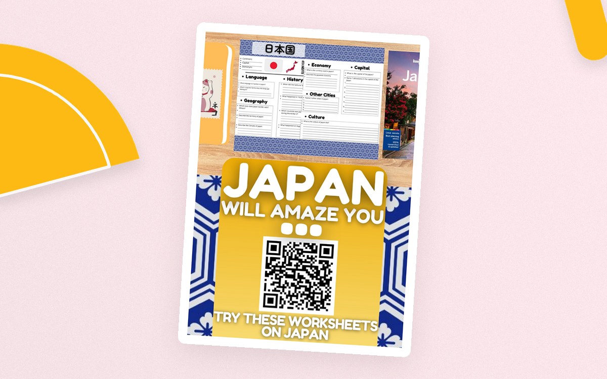 Japan country-study worksheet cover with a geography organizer, Japanese flag, landscape photograph, and QR code.
