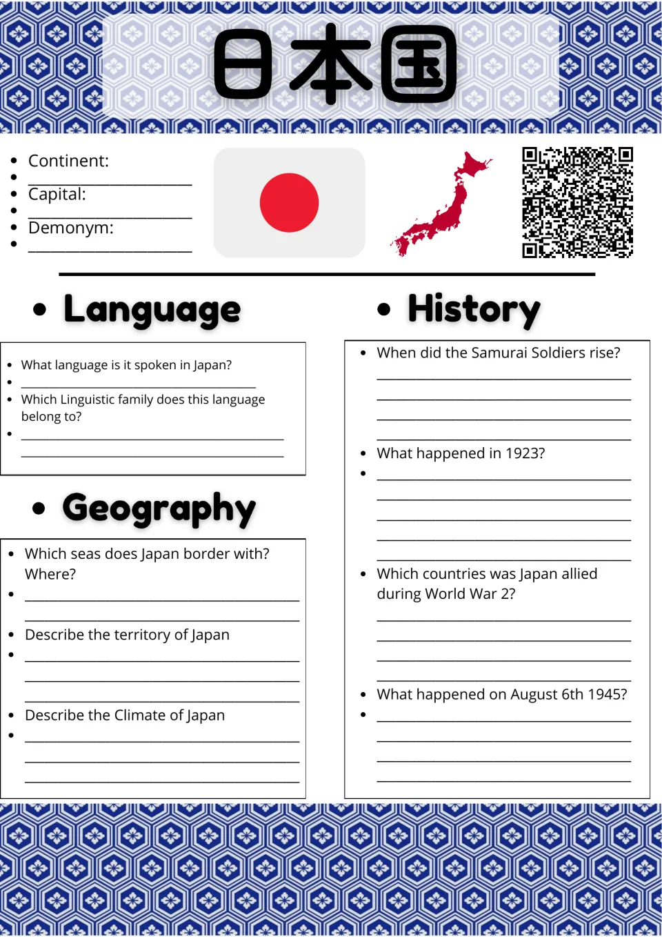 Japan fact sheet: students answer language, geography and history questions, from Samurai to August 6, 1945