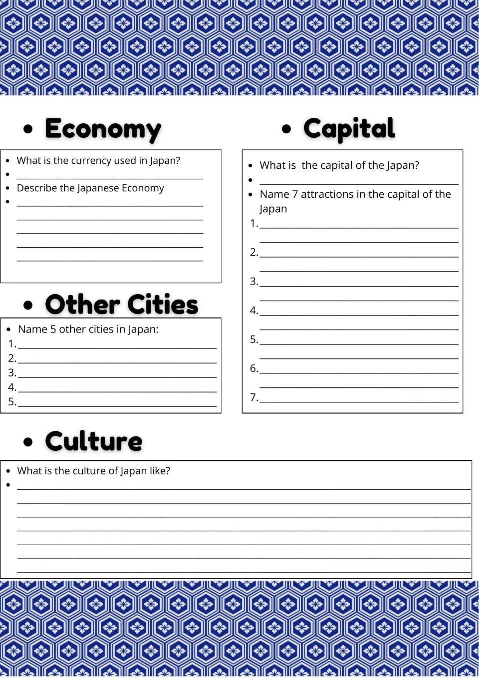Japan research page: students describe the economy and culture, name 5 other cities and 7 attractions in the capital