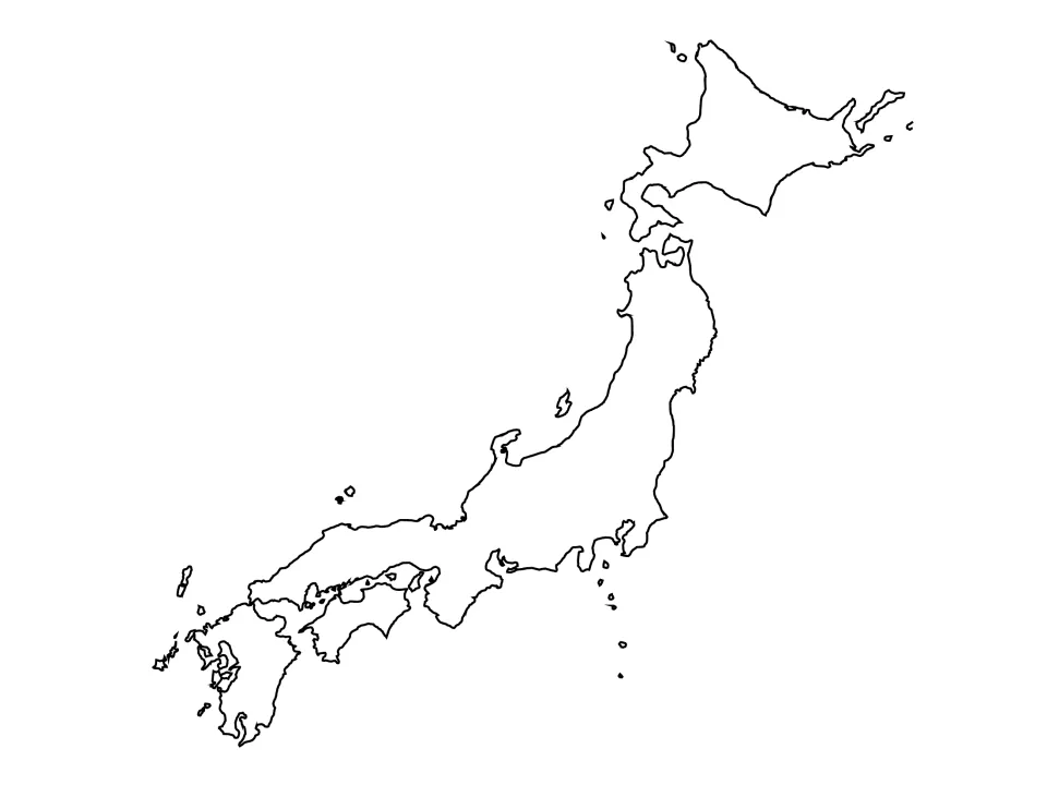 Blank outline map of Japan showing Hokkaido, Honshu, Shikoku and Kyushu coastlines with no labels, for map labeling
