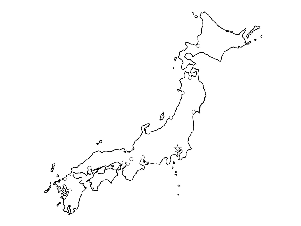 Outline map of Japan marking 13 city locations with circles and the capital with a star, ready for labeling city names