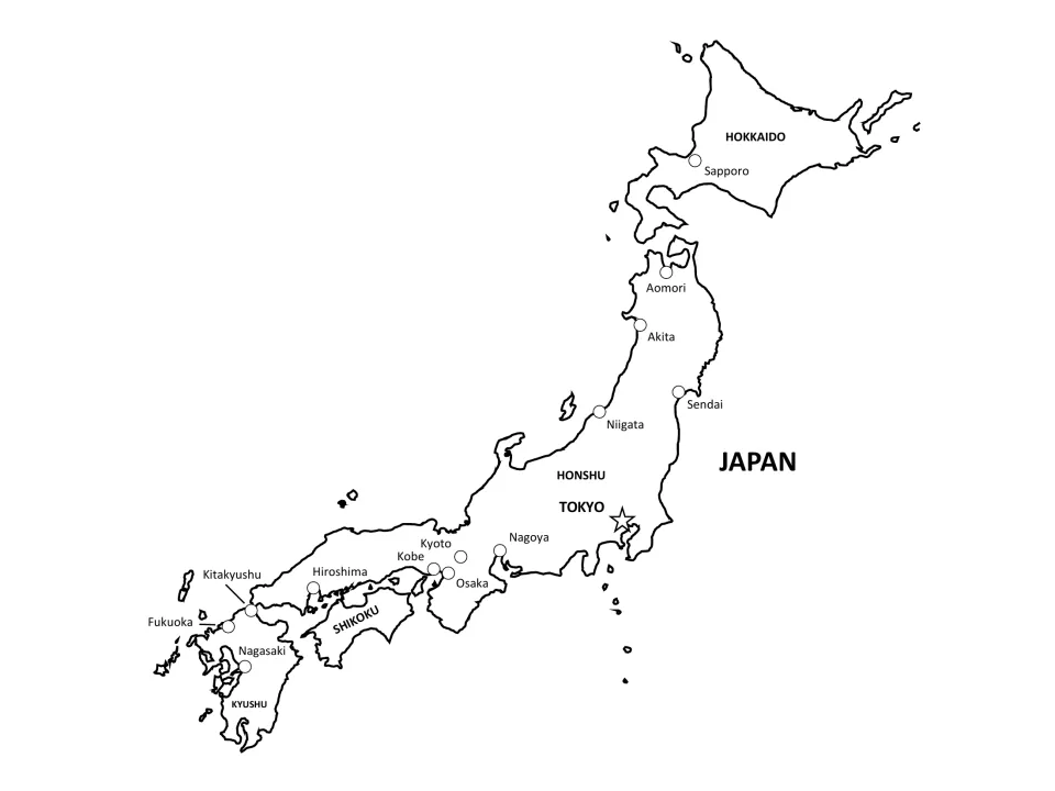 Labeled map of Japan naming the four main islands, Tokyo with a star, and cities like Sapporo, Sendai, Osaka and Nagasaki