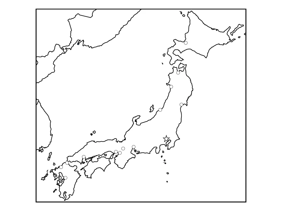 Regional outline map of Japan and East Asia with 13 city circles and a star for Tokyo, unlabeled, for locating cities