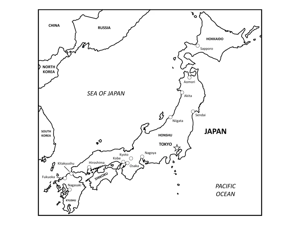 Labeled regional map: Japan's islands and cities with China, Russia, North and South Korea, Sea of Japan and Pacific Ocean