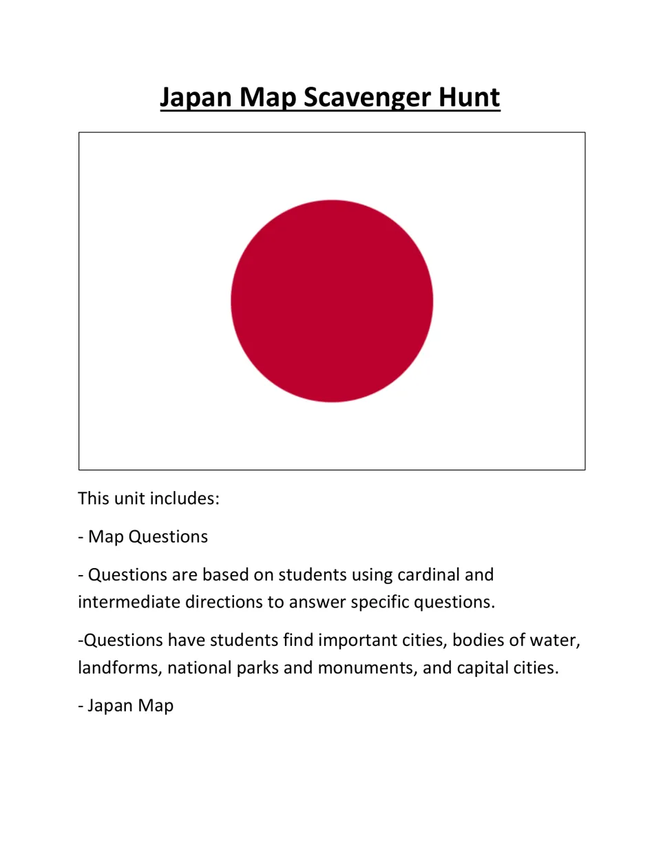 Cover of the Japan map activity, listing map questions, direction skills, and geographic features to locate.