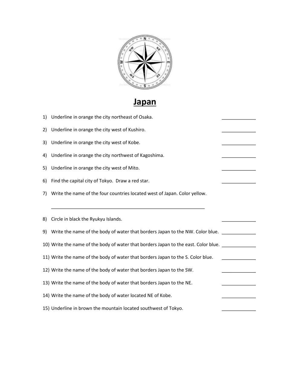 Scavenger hunt questions 1–15: locate Japanese cities, neighboring countries, bodies of water, and a mountain.