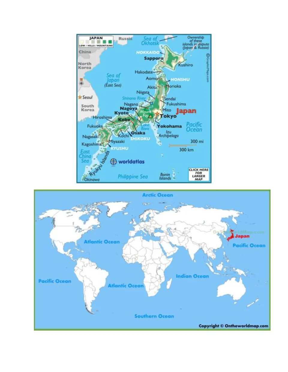 Reference maps for the scavenger hunt: labeled Japan map and a world map highlighting Japan's location.