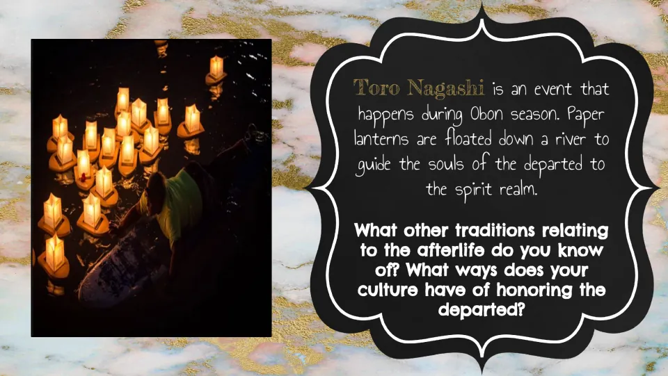 Toro Nagashi bell ringer explains floating lanterns during Obon and asks how cultures honor the departed