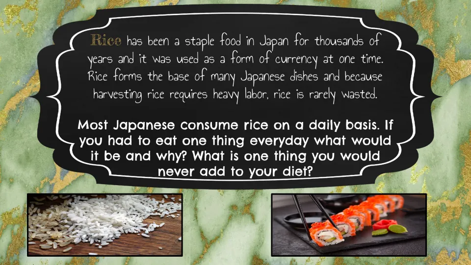 Rice bell ringer explains its role as a staple and former currency, then asks about daily food preferences