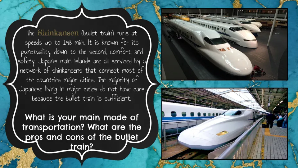 Shinkansen (bullet train) bell ringer asks about students' transportation and the train's pros and cons