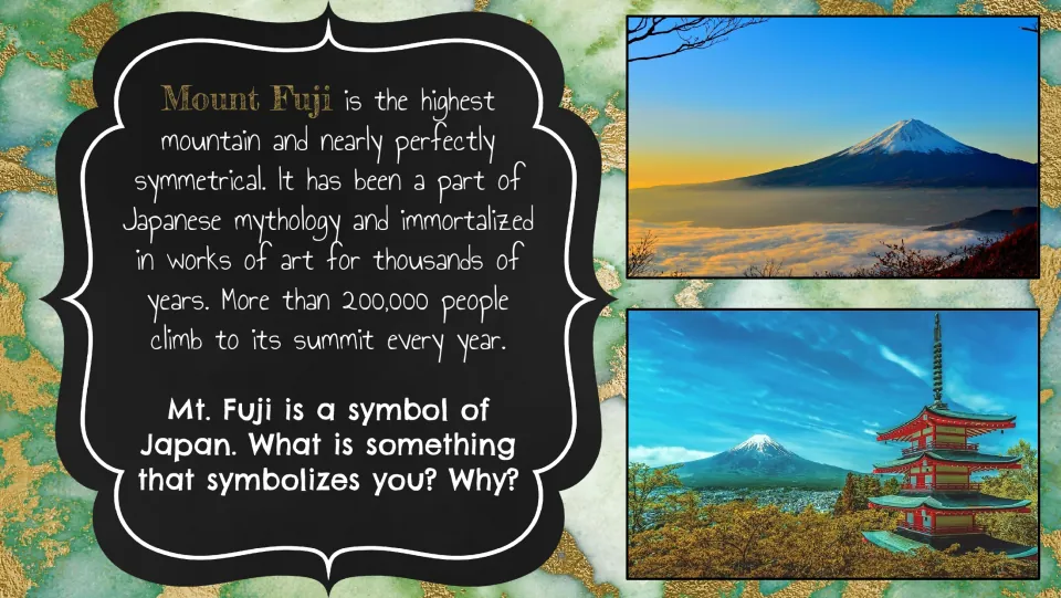 Mount Fuji bell ringer describes the mountain's cultural significance and asks what symbolizes each student