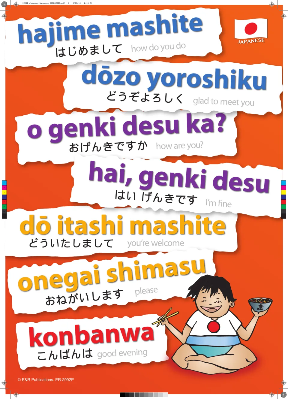 Polite Japanese phrases poster: hajime mashite, o genki desu ka?, dō itashi mashite and konbanwa, each glossed in English