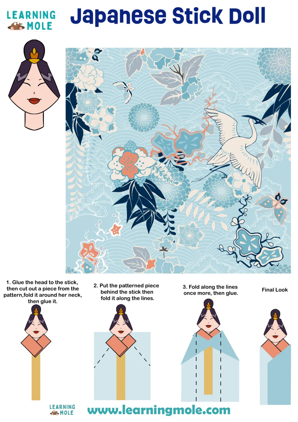 Stick doll craft sheet with a cut-out head, patterned paper, and three illustrated folding and gluing steps.