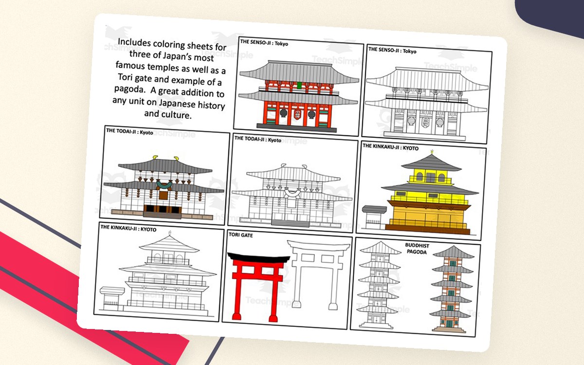 Japanese Temples preview showing five line-art temple coloring sheets and colored examples of a gate and pagoda.
