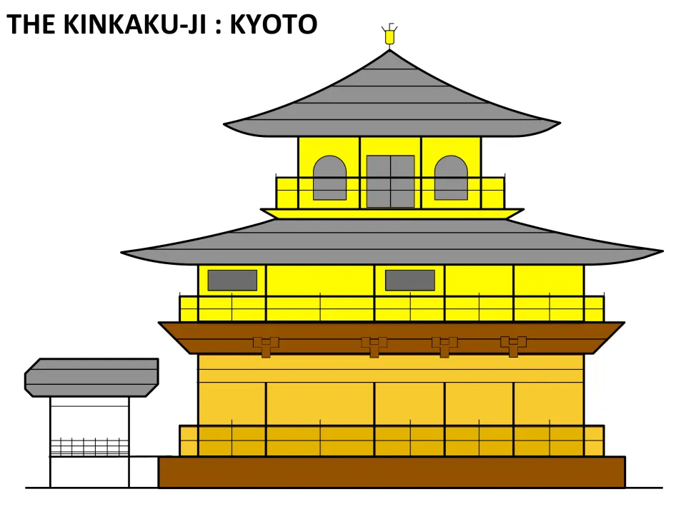 Kinkaku-ji, Kyoto: full-color drawing of the three-story pavilion in gold and yellow with gray roofs