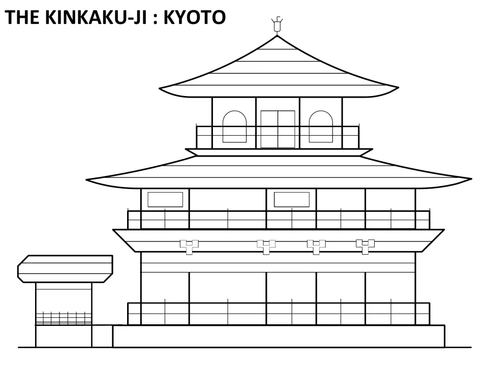 Kinkaku-ji coloring page: outline of the three-story pavilion and small side shelter, ready for students to color