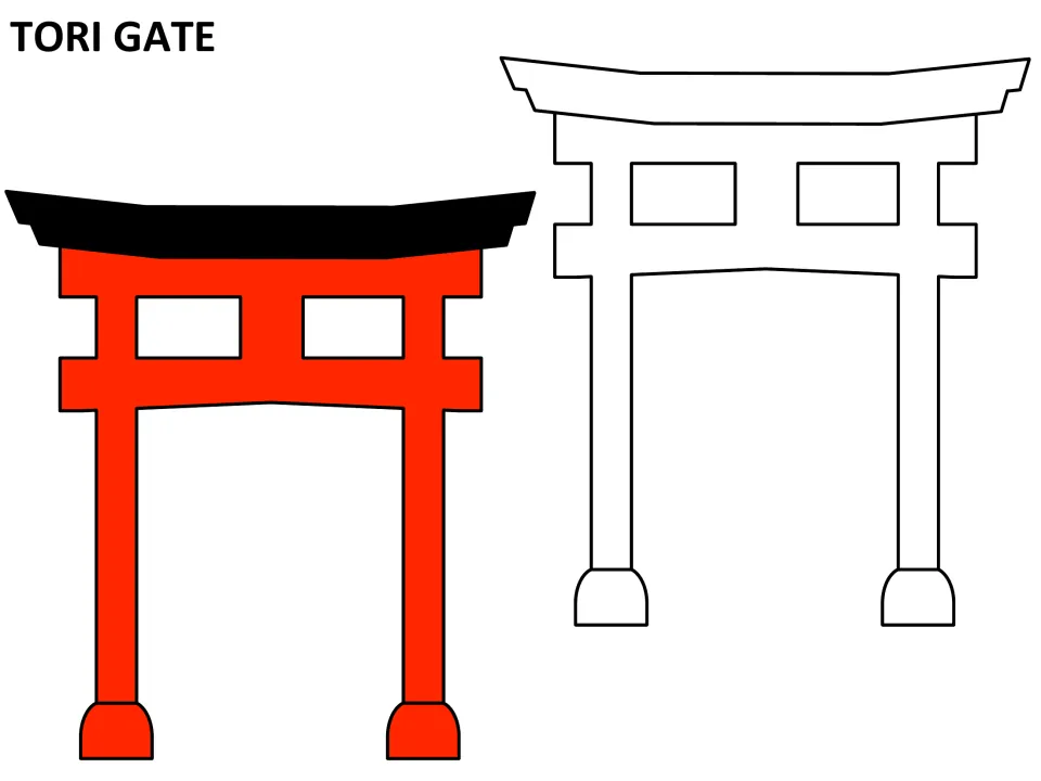 Tori gate: red and black colored example beside a blank outline of the same shrine gate for students to color