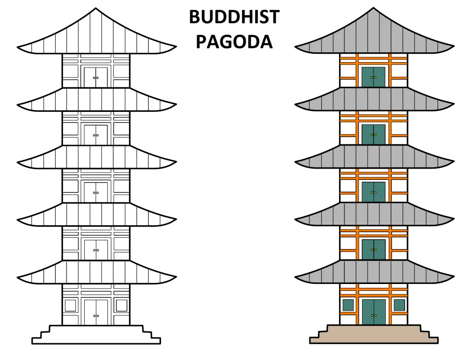Buddhist pagoda: blank five-tiered outline to color beside a colored model with gray roofs and teal doors
