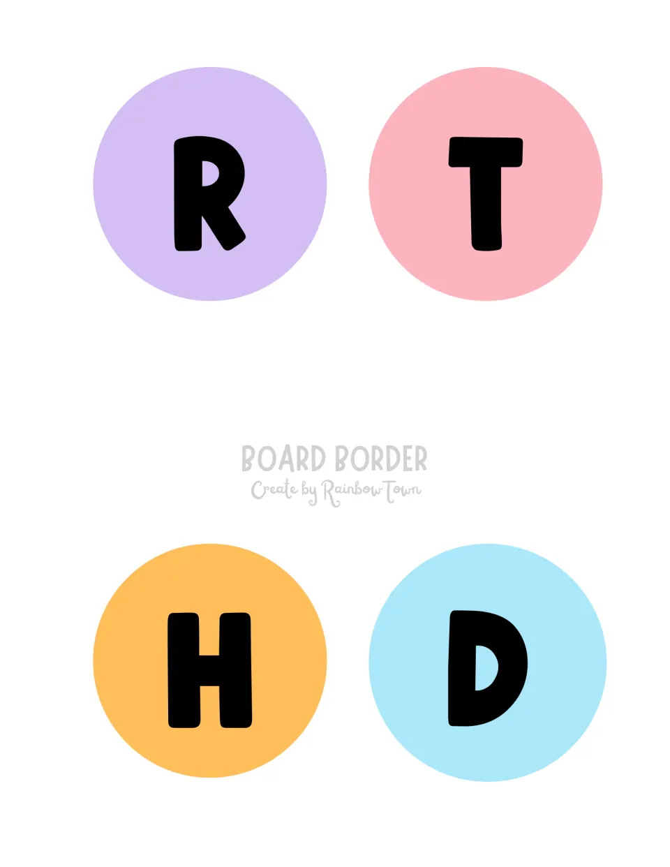 Black-letter banner circles: R on purple, T on pink, H on orange and D on light blue, cut out for the display title
