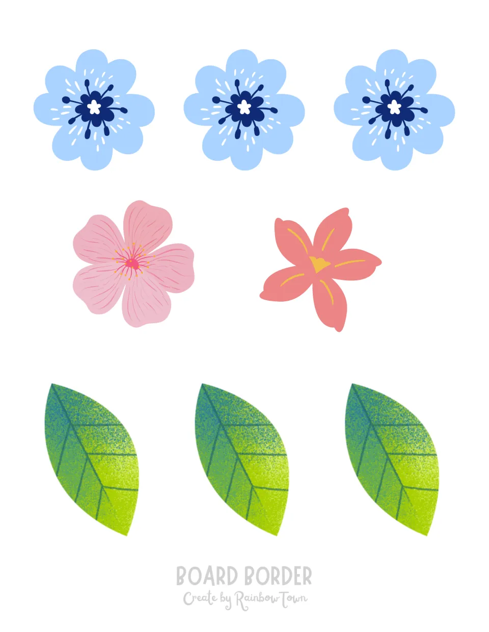 Decorative cut-outs: three blue flowers, one pink flower, one coral flower and three green leaves for the display