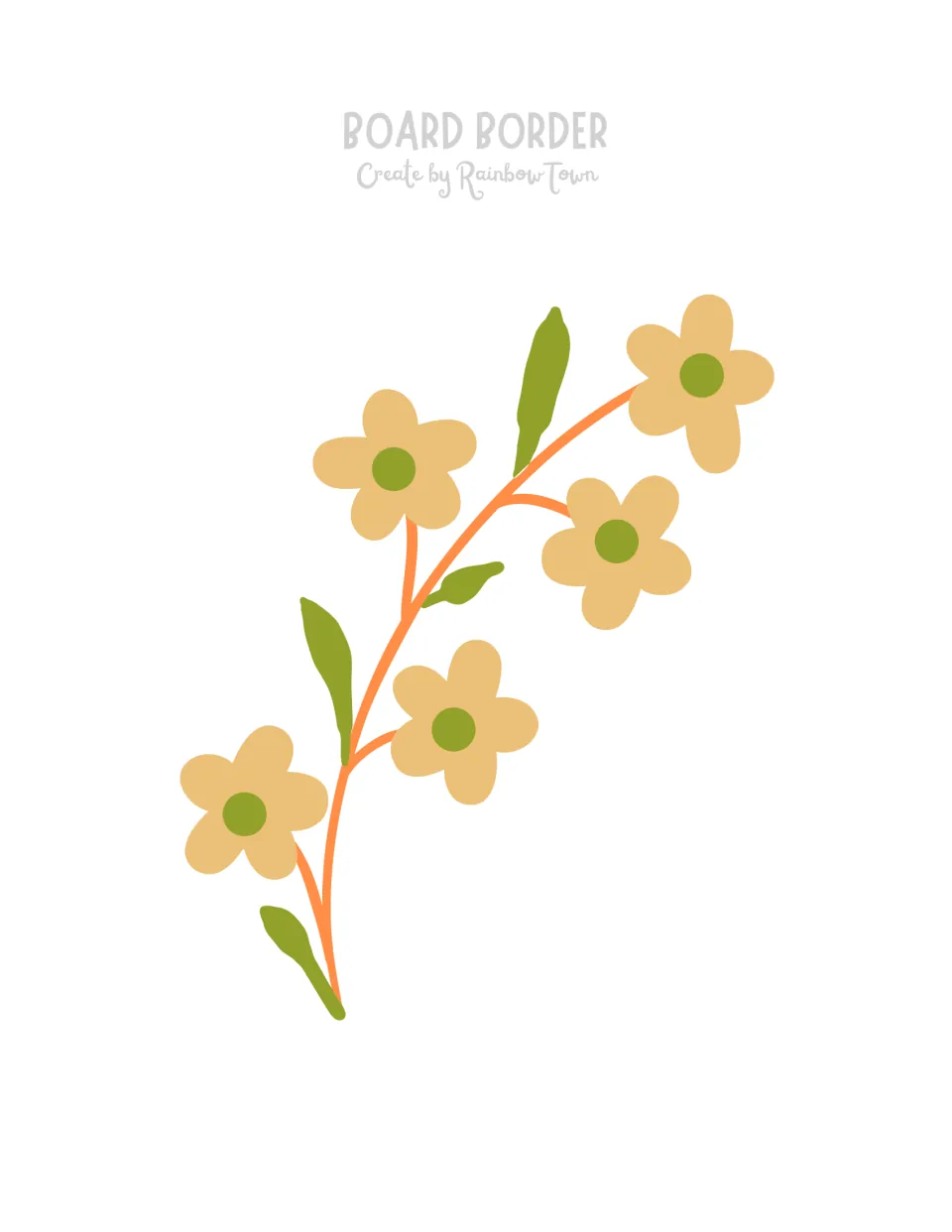 Flower branch cut-out: an orange stem with five pale yellow blossoms and green leaves to decorate the display