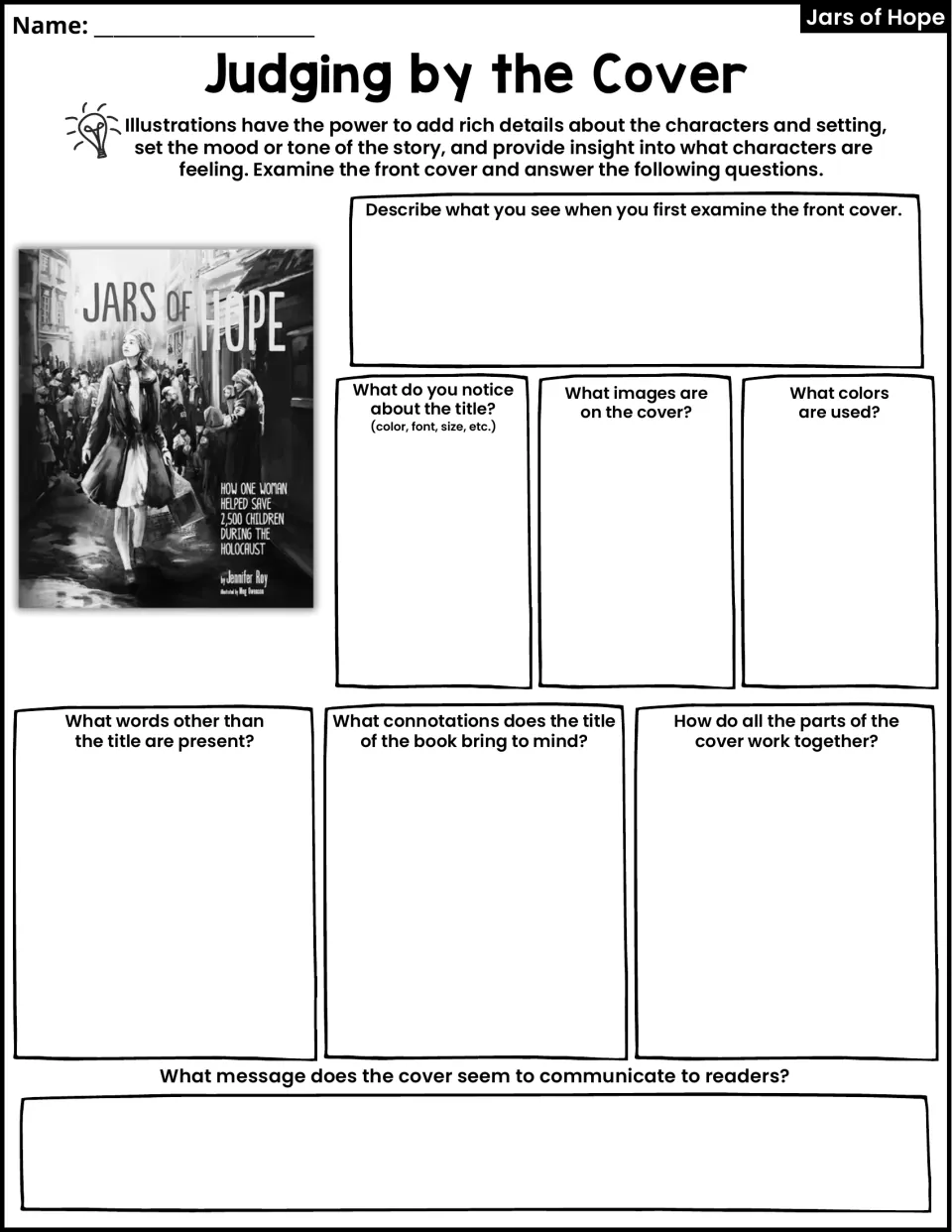 Judging by the Cover activity asks students to examine the book's title, images, colors, words, and message.