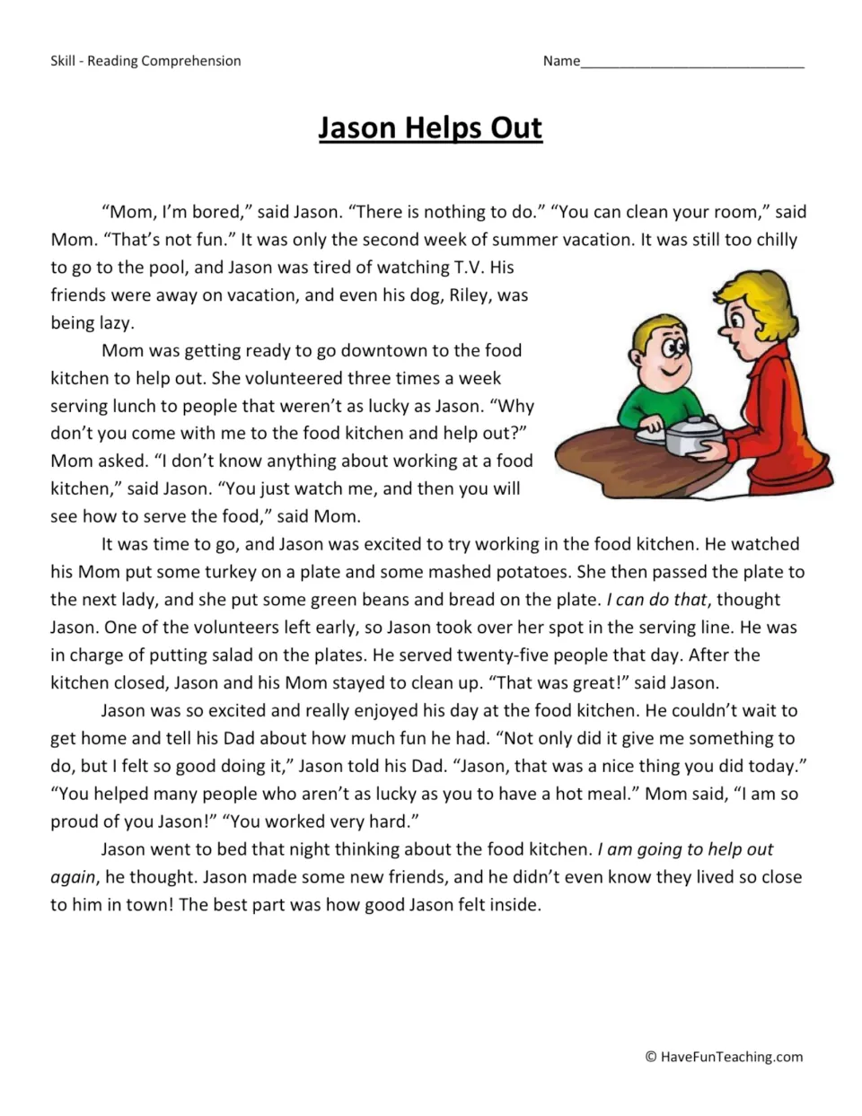 Reading passage about Jason volunteering at a food kitchen, serving salad and enjoying helping others.