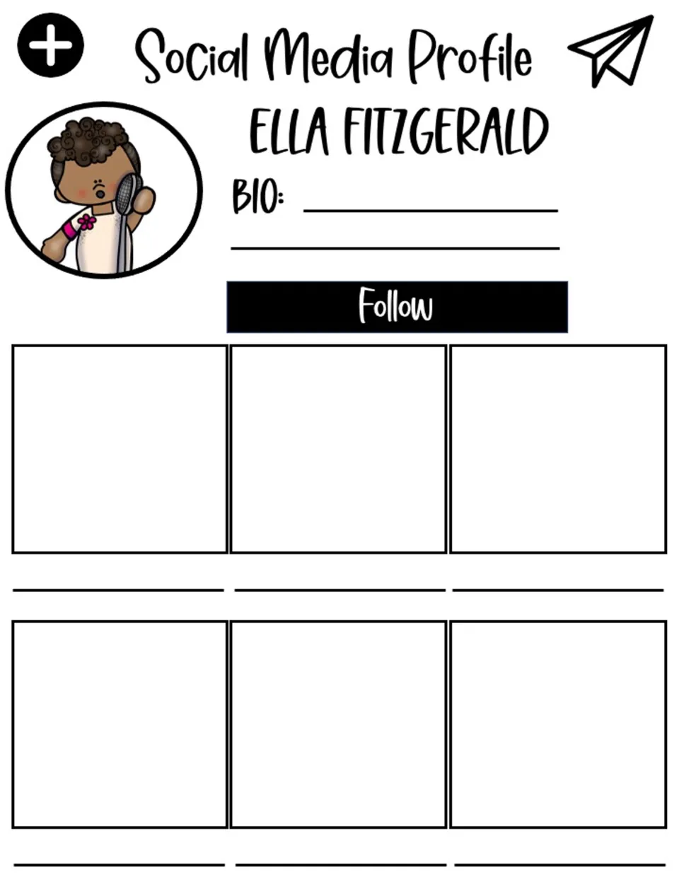 Social media profile for Ella Fitzgerald, with a bio section and six posts to fill with facts about her life.