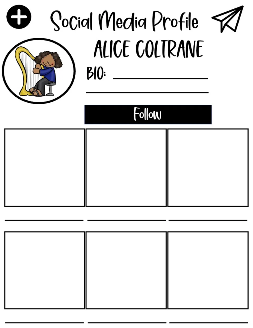 Social media profile for Alice Coltrane, with a bio section and six posts to fill with facts about her life.