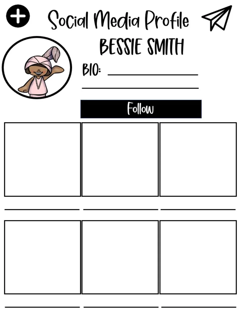 Social media profile for Bessie Smith, with a bio section and six posts to fill with facts about her life.