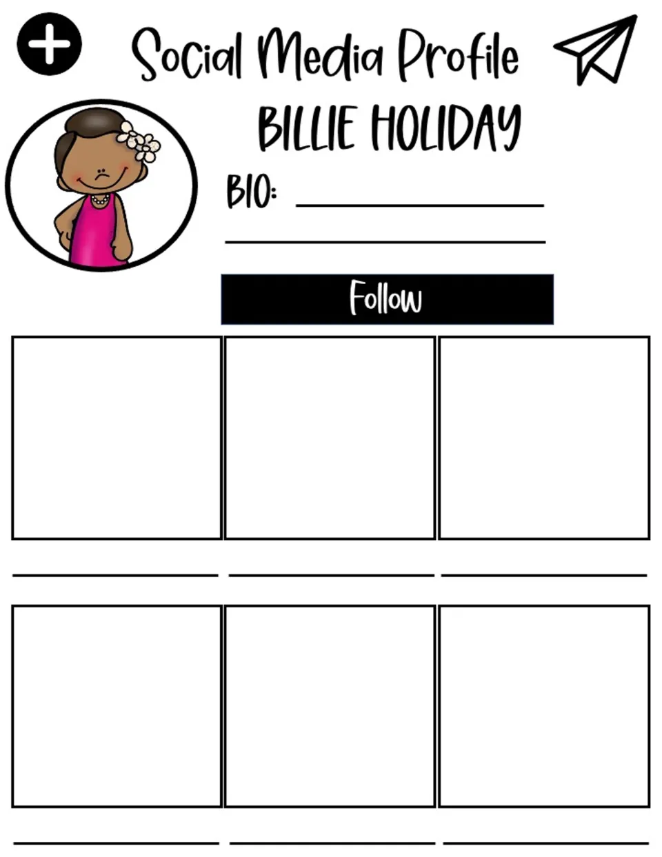 Social media profile for Billie Holiday, with a bio section and six posts to fill with facts about her life.