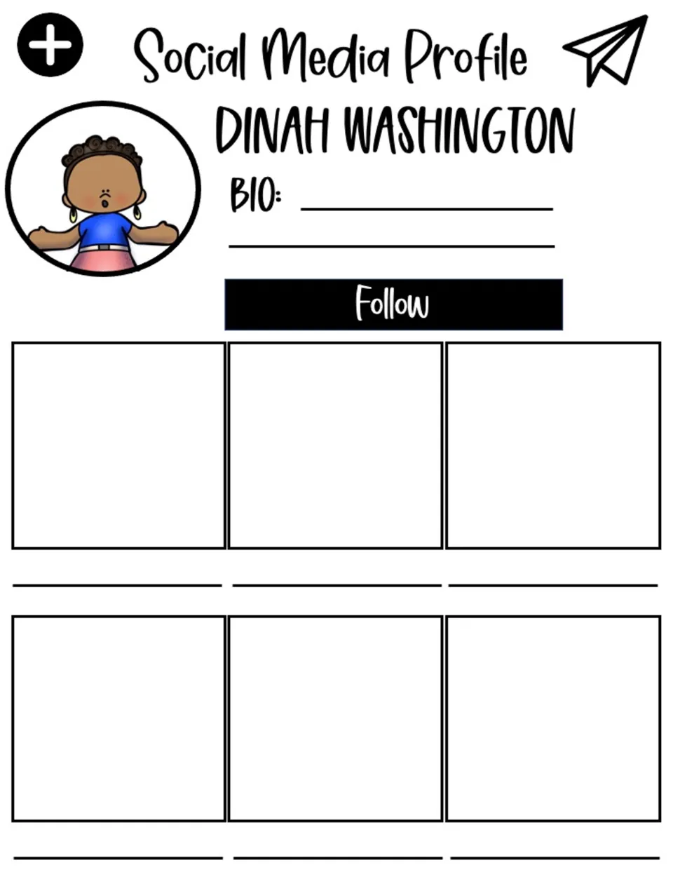 Social media profile for Dinah Washington, with a bio section and six posts to fill with facts about her life.