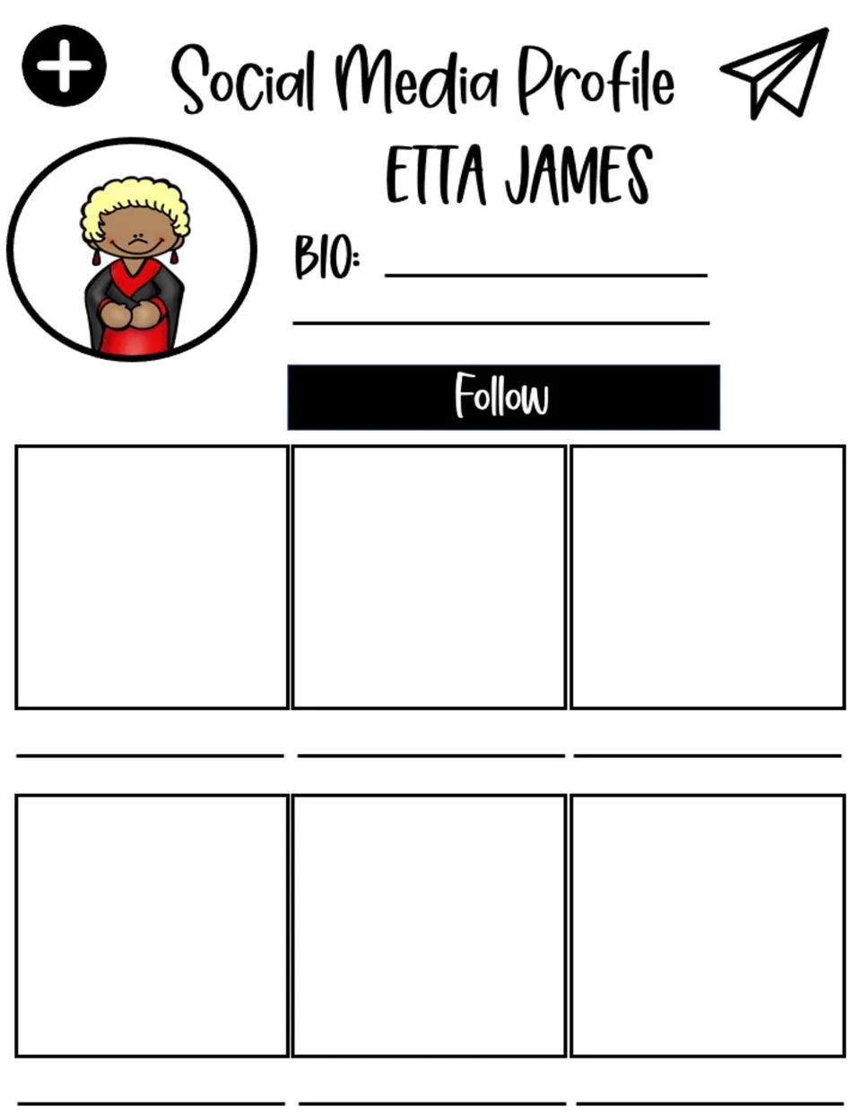 Social media profile for Etta James, with a bio section and six posts to fill with facts about her life.
