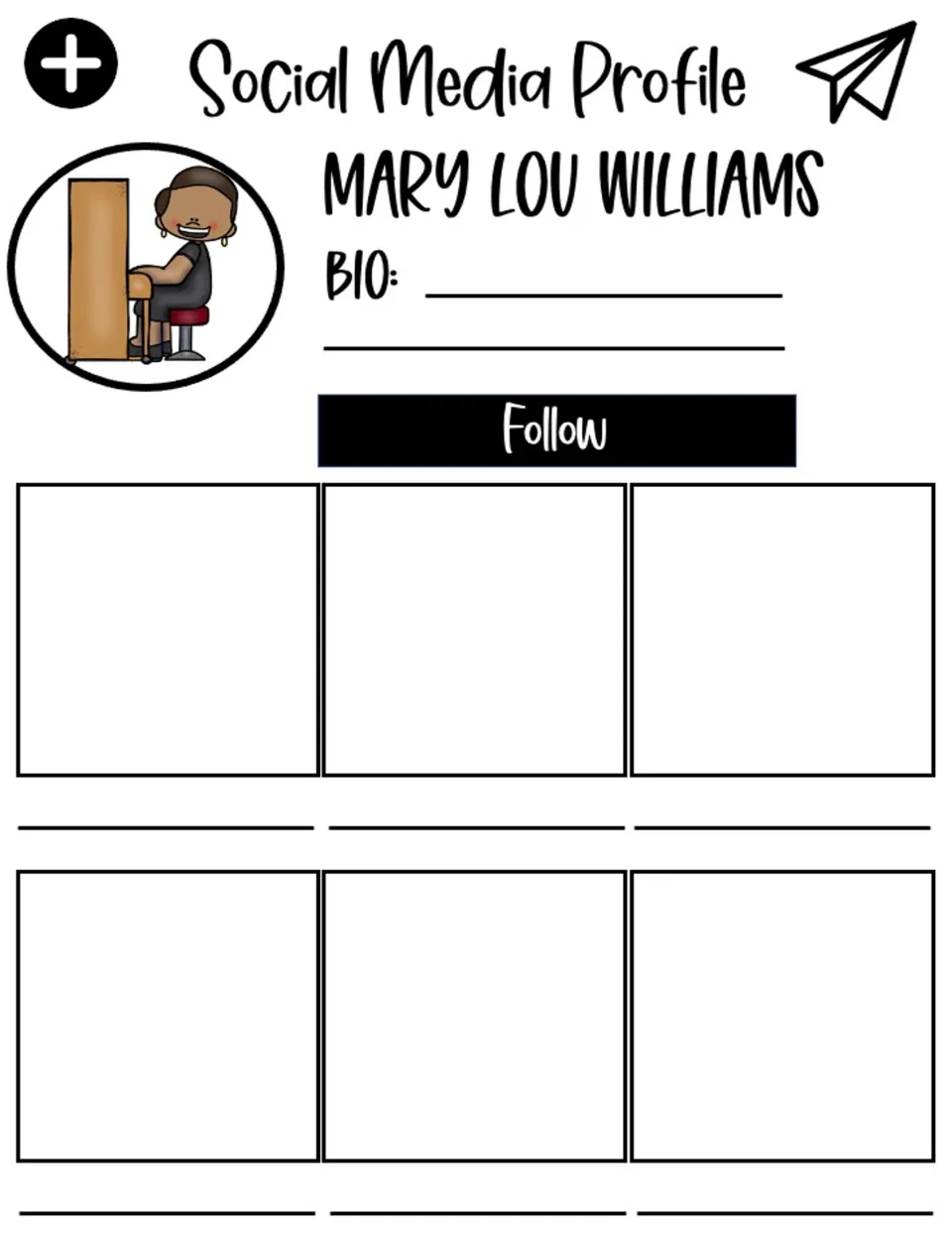 Social media profile for Mary Lou Williams, with a bio section and six posts to fill with facts about her life.