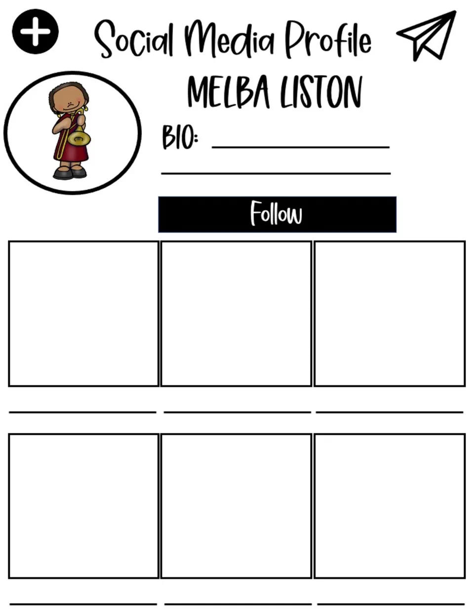 Social media profile for Melba Liston, with a bio section and six posts to fill with facts about her life.