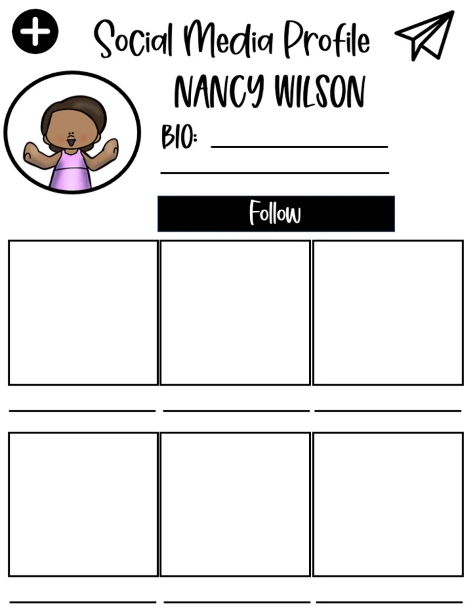 Social media profile for Nancy Wilson, with a bio section and six posts to fill with facts about her life.