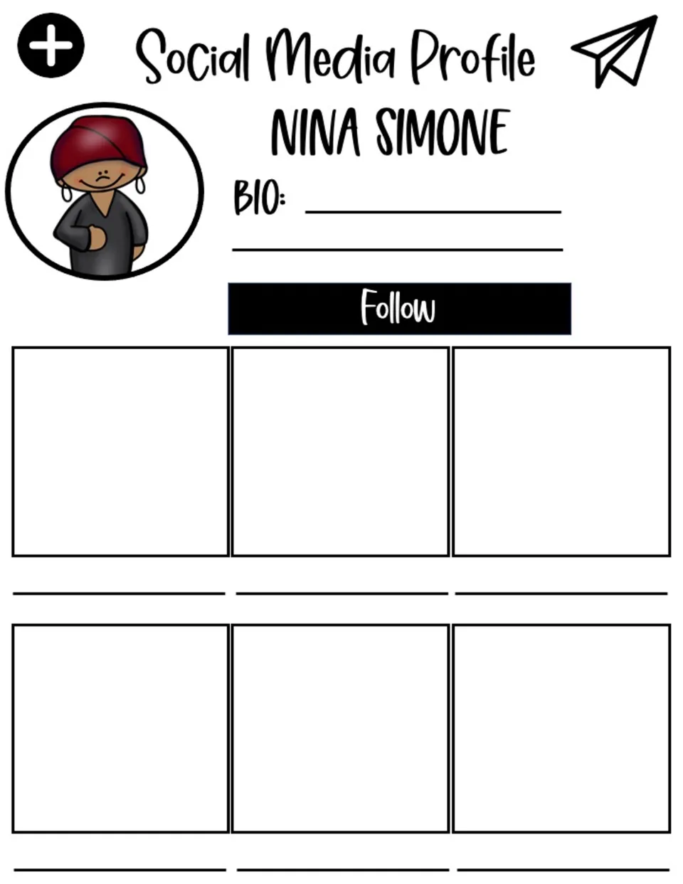 Social media profile for Nina Simone, with a bio section and six posts to fill with facts about her life.